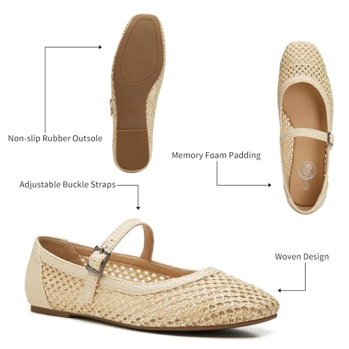 Trary Mary Jane Shoes Women Woven Flats for Women Ballet Flats Shoes Squared Toe Mary Jane Flats Ankle Strap Dressy Comfortable Beige Size 8 - Image 5