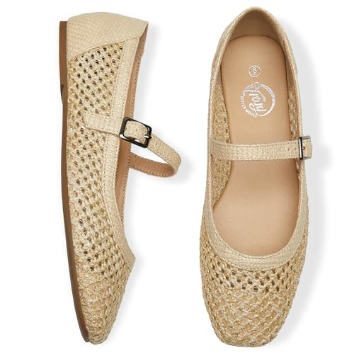 Trary Mary Jane Shoes Women Woven Flats for Women Ballet Flats Shoes Squared Toe Mary Jane Flats Ankle Strap Dressy Comfortable Beige Size 8 - Image 3