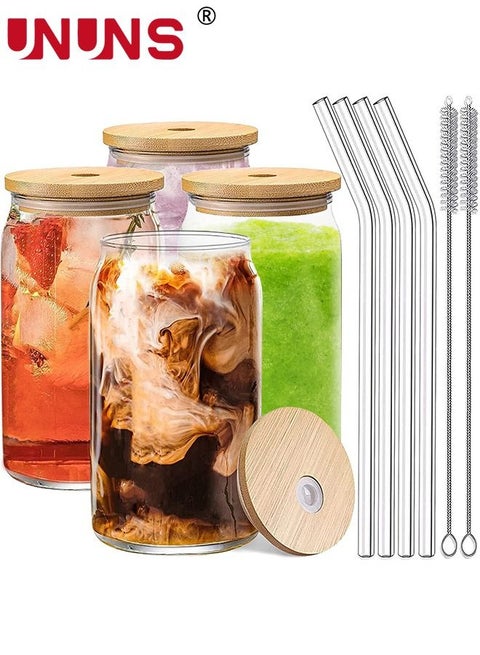 Drinking Glasses Set,4 Pack 16oz Can Shaped Glass Cups With Cover And Straw,Beer Glasses, Iced Coffee Glasses,2 Cleaning Brushes,Travel Coffee Mug Set