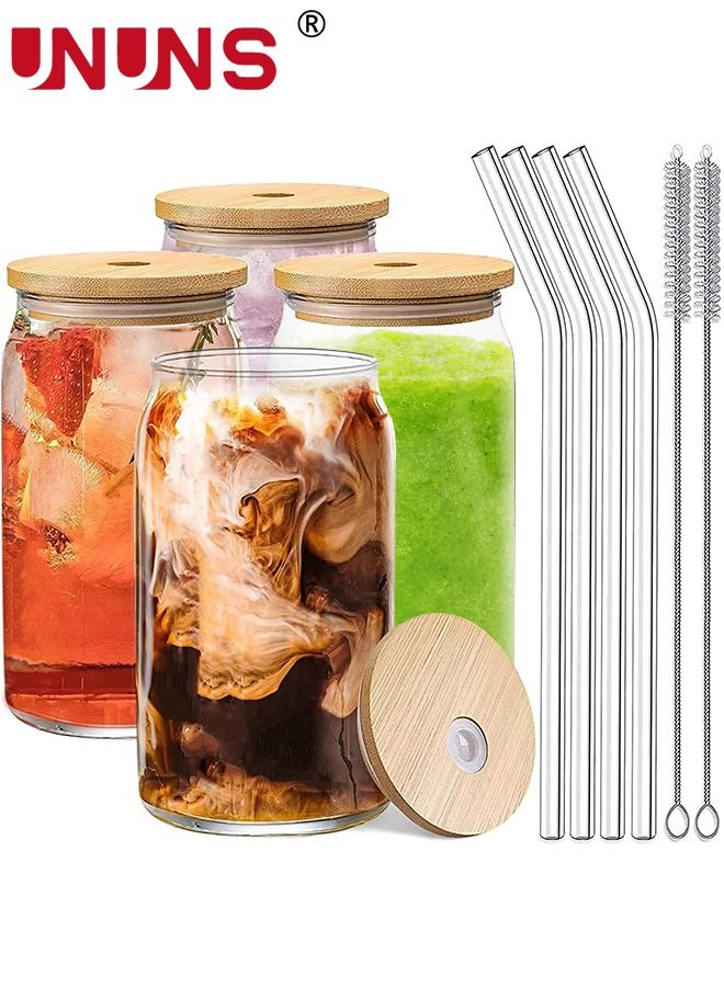 Drinking Glasses Set,4 Pack 16oz Can Shaped Glass Cups With Cover And Straw,Beer Glasses, Iced Coffee Glasses,2 Cleaning Brushes,Travel Coffee Mug Set