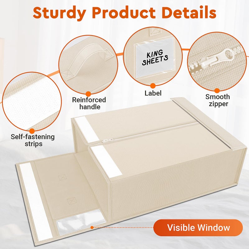 StorageTastic 4 Pack Bed Sheet Closet Organizers and Storage,Sturdy Foldable Storage Containers with Window and Label,Storage and Organization for Bedding Sheets,Duvet Covers,Blankets (Beige) - Image 5