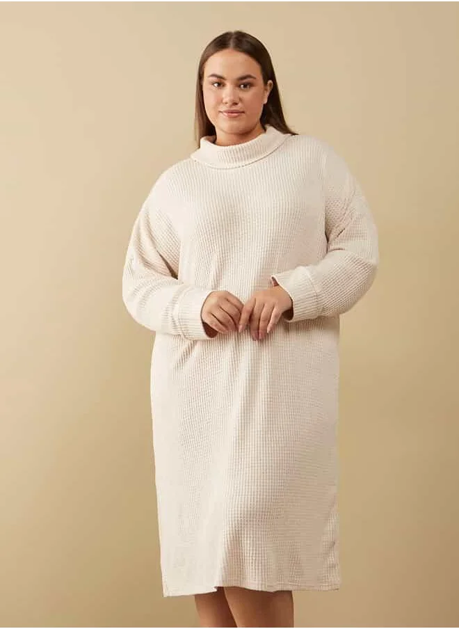 FAV Waffle Textured Dress with Cowl Neck and Long Sleeves