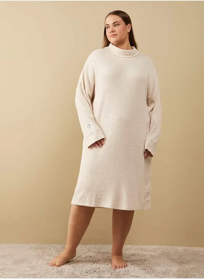 FAV Waffle Textured Dress with Cowl Neck and Long Sleeves