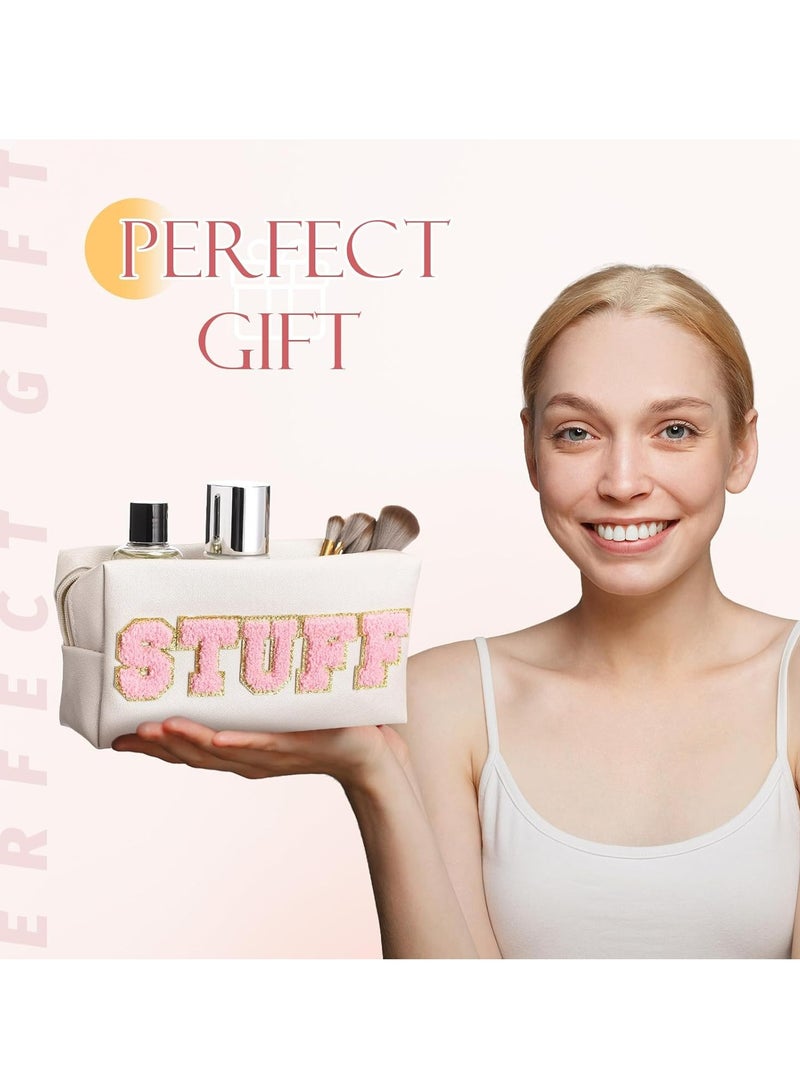 إسكدنيا حقيبة مكياج، حقيبة مستحضرات تجميل من جلد البولي يوريثان للسفر، حقيبة أدوات تجميل كبيرة مقاومة للماء مع رقعة حرف لؤلؤي من حجر الراين - Image 4