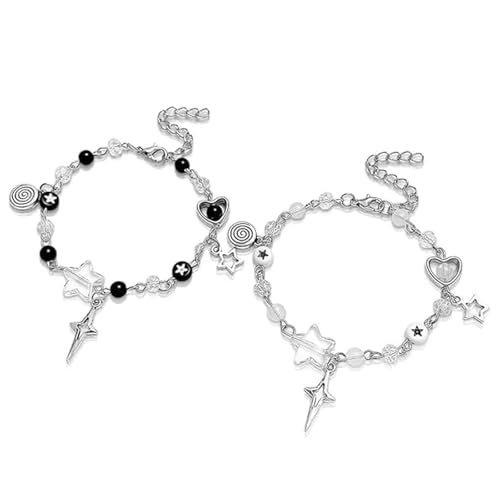 Zytiqt 2 Pcs Matching Bracelet Set, Couple Bracelet with Heart and Star Charms, Adjustable Bracelet for Girls, Stylish Matching Couple Bracelet Star Charms Beads Bracelet, Aesthetic Charm Bracelet - Image 1