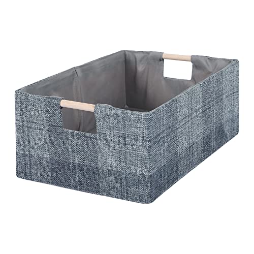 LaMorÃ©e LaMore Fabric Storage Bin Box Collapsible Cotton Linen Storage Cube with Wooden Handles Rectangular Decorative Home Organizer Clothes Blanket Basket Dark Gray Plaid Medium - Image 1