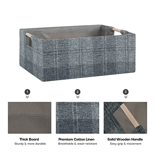 LaMorÃ©e LaMore Fabric Storage Bin Box Collapsible Cotton Linen Storage Cube with Wooden Handles Rectangular Decorative Home Organizer Clothes Blanket Basket Dark Gray Plaid Medium - Image 3
