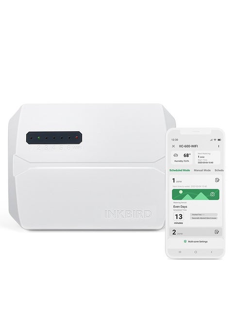 INKBIRD وحدة التحكم الذكية للري IIC-600-WIFI – نظام ري آلي مكون من 6 مناطق مع تأجيل الري عند المطر، الضبط الموسمي، الوضع اليدوي، ومراقبة عبر التطبيق، مثالي لإدارة ري الحدائق والمروج والفناءات دون عناء