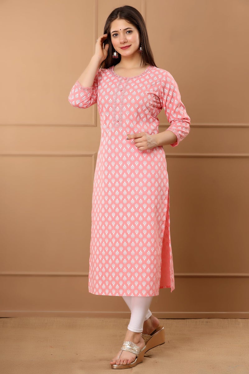 rytras Women's Cotton Floral Printed Straight Kurta(Pink,S) - Image 3