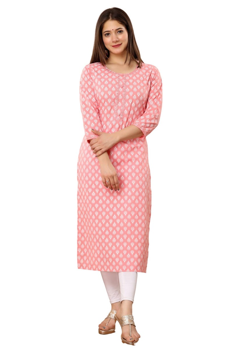 rytras Women's Cotton Floral Printed Straight Kurta(Pink,S) - Image 1