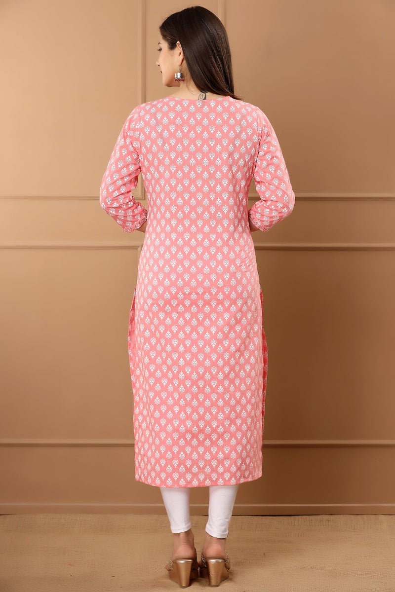rytras Women's Cotton Floral Printed Straight Kurta(Pink,S) - Image 2