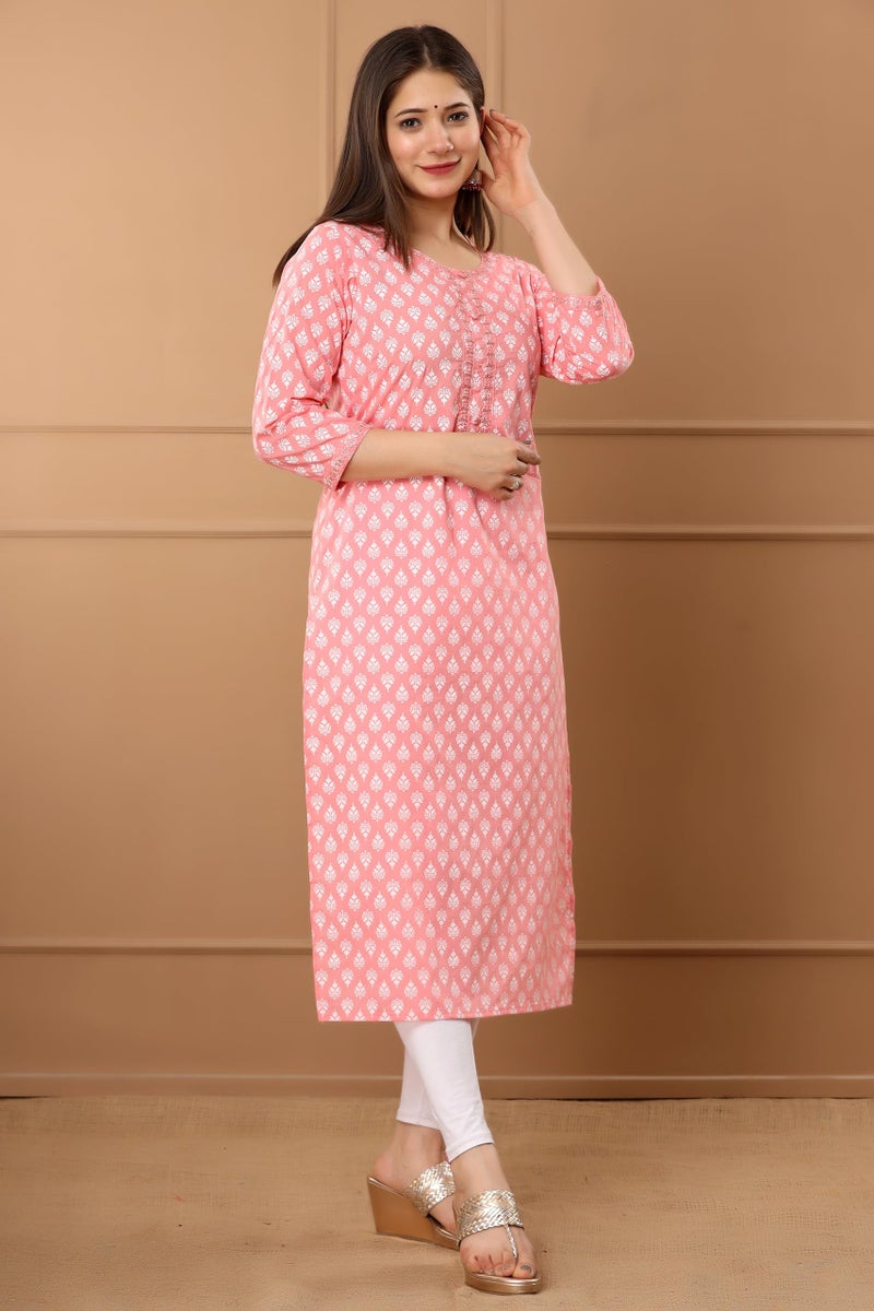 rytras Women's Cotton Floral Printed Straight Kurta(Pink,S) - Image 5