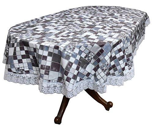 Kartikey 6 Seater Table Cover Oval ShapeSize 54x78 inches Square Printed Pattern on Gray Color with White Border Lace for Home Decor  - Image 1