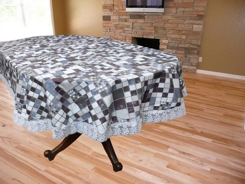 Kartikey 6 Seater Table Cover Oval ShapeSize 54x78 inches Square Printed Pattern on Gray Color with White Border Lace for Home Decor  - Image 3