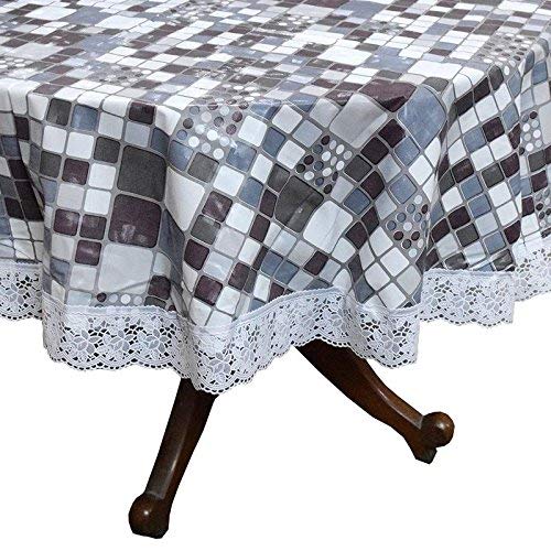Kartikey 6 Seater Table Cover Oval ShapeSize 54x78 inches Square Printed Pattern on Gray Color with White Border Lace for Home Decor  - Image 2