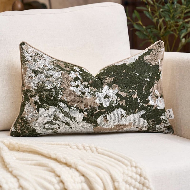 Yangest Neutral Flower Pillow Cover 12 x 20 Inches, Nature Chenille Rectangle Throw Pillow Cover Soft Luxury Accent Couch Pillow Cover for Living Room Bedroom, Green - Image 1