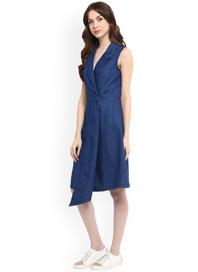 StyleStone Women's Blue Denim Wrap Dress with Asymmetric Hem - Image 4