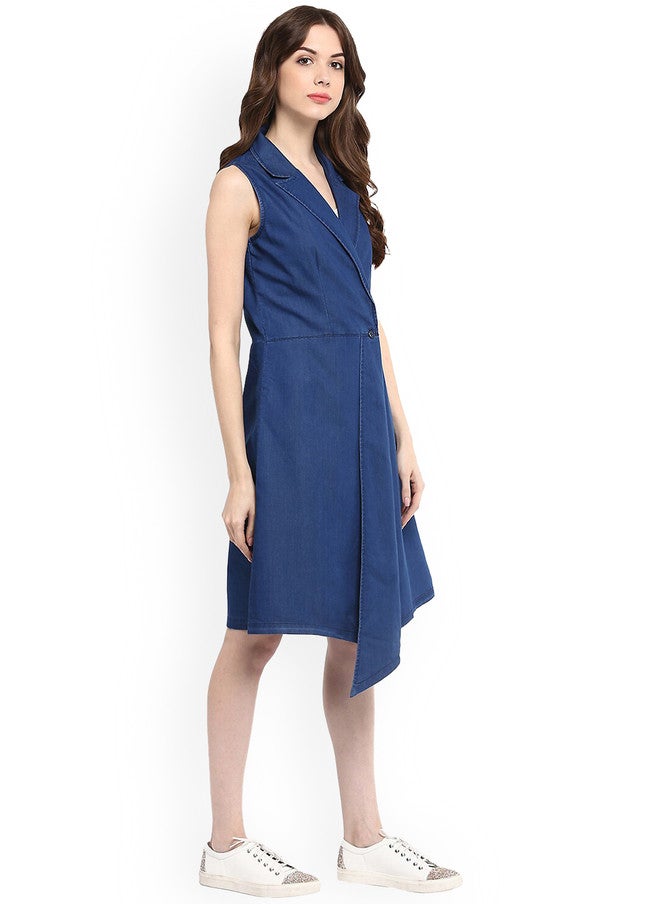 StyleStone Women's Blue Denim Wrap Dress with Asymmetric Hem - Image 3