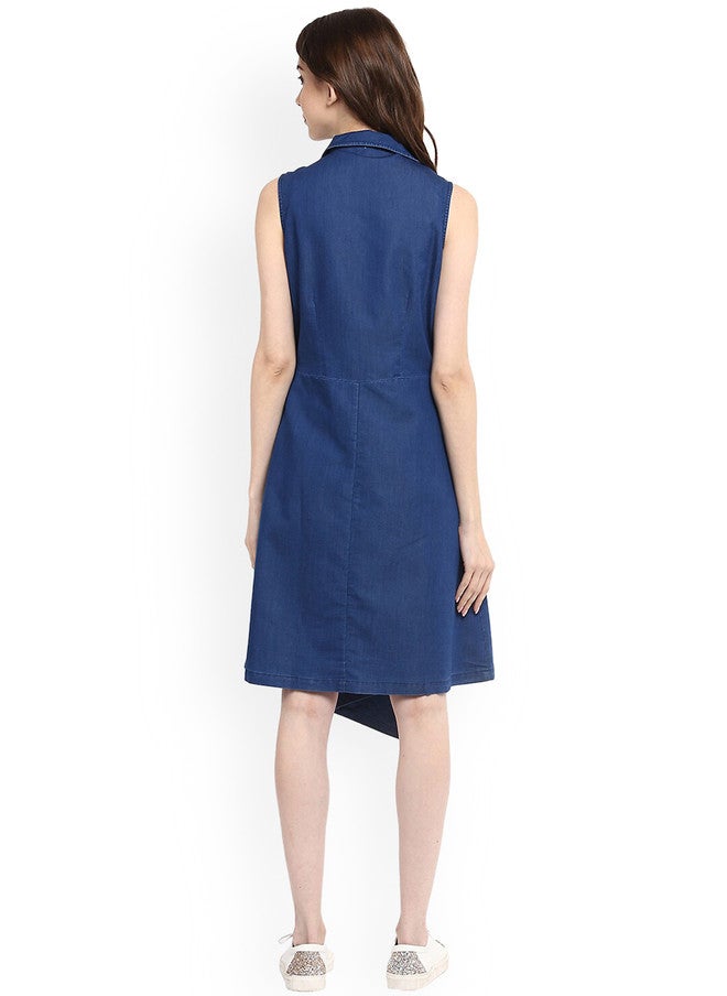 StyleStone Women's Blue Denim Wrap Dress with Asymmetric Hem - Image 5