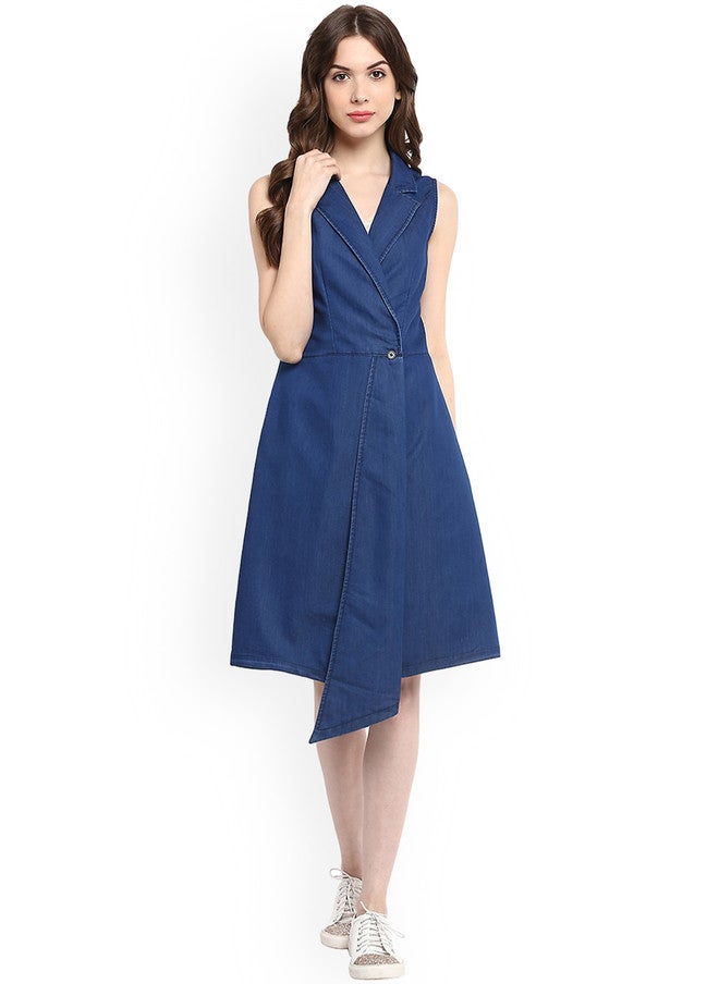 StyleStone Women's Blue Denim Wrap Dress with Asymmetric Hem - Image 1