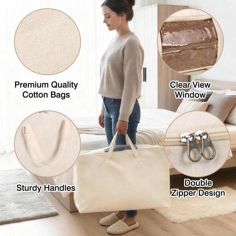 YGEOMER 2 Pack Canvas Blanket Storage Bags with Zipper Foldable Closet Organizers Storage Containers with Reinforced Handle for Dorm Storage Organizing, Bedroom, Closet,Blanket, Clothing, Comforters - Image 3