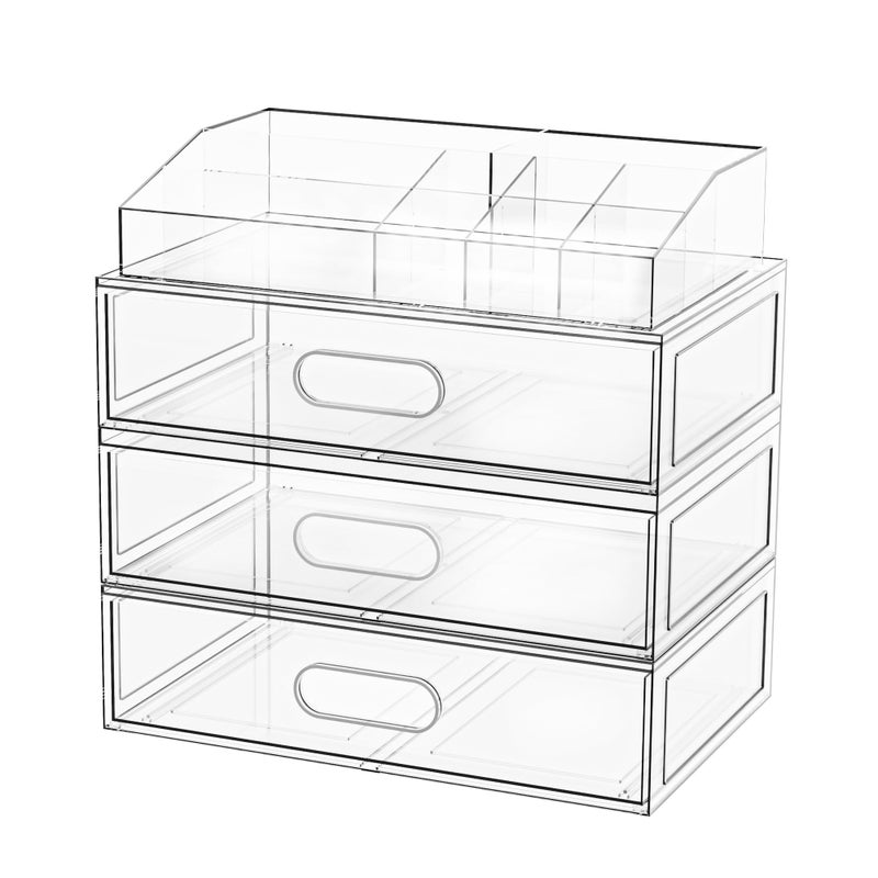 Aurblozen Clear Stackable Makeup Organizer with Drawer, 12''W Acrylic Storage Drawers, Cosmetic Display Case for Vanity Bathroom Countertop, Beauty Holder for Lipstick Brush Skincare Perfume (4 Pack) - Image 1