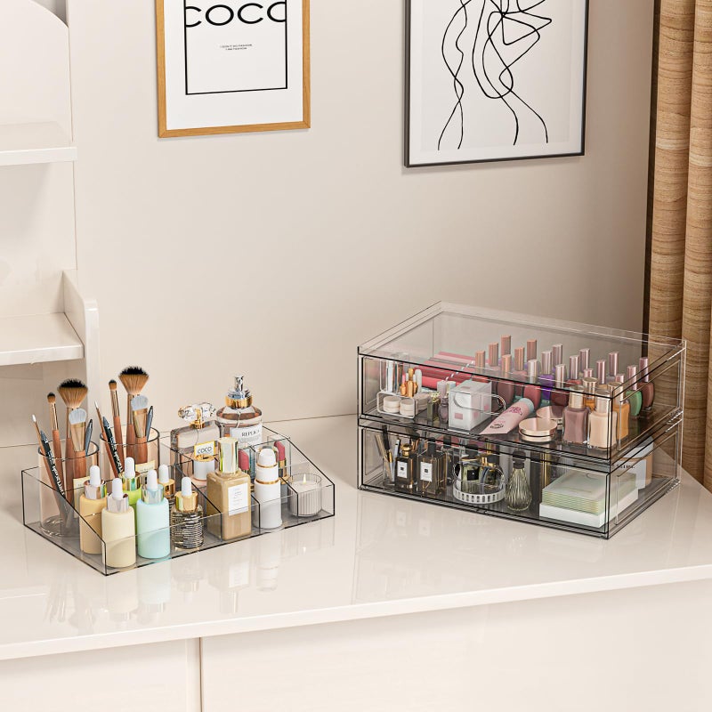 Aurblozen Clear Stackable Makeup Organizer with Drawer, 12''W Acrylic Storage Drawers, Cosmetic Display Case for Vanity Bathroom Countertop, Beauty Holder for Lipstick Brush Skincare Perfume (4 Pack) - Image 4