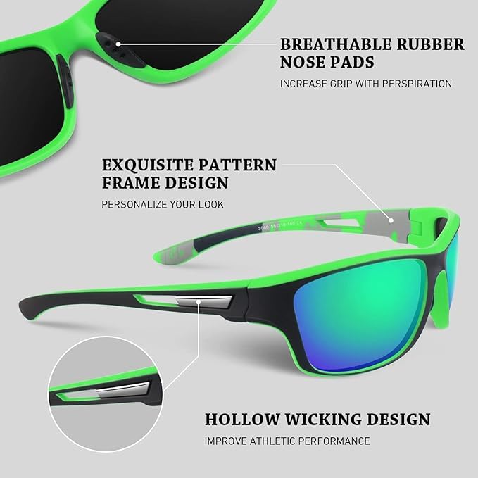 Dark Wost Polarized Sports Sunglasses for Men Women, Wrap Around Driving Cycling Fishing Sun Glasses 100% UV Protection Goggles (Frame Black Green/Lens Green Mirrored) - Image 2