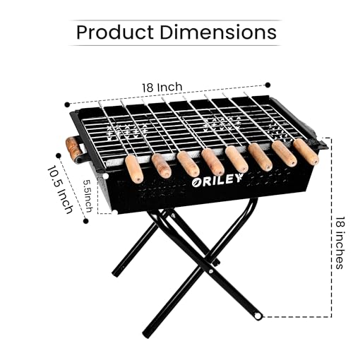 ORILEY Foldable Charcoal Barbeque Grill Set with 8 Sticks 1 Glove and 1 Tong Portable Free Standing BBQ Tools for Home Outdoor Camping Picnic Travel Cooking (Pack of 1, Black) - Image 3