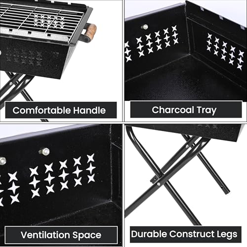 ORILEY Foldable Charcoal Barbeque Grill Set with 8 Sticks 1 Glove and 1 Tong Portable Free Standing BBQ Tools for Home Outdoor Camping Picnic Travel Cooking (Pack of 1, Black) - Image 4