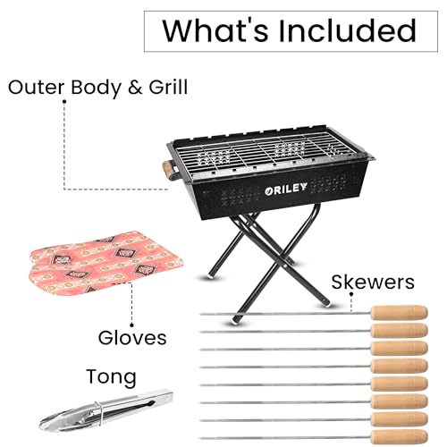 ORILEY Foldable Charcoal Barbeque Grill Set with 8 Sticks 1 Glove and 1 Tong Portable Free Standing BBQ Tools for Home Outdoor Camping Picnic Travel Cooking (Pack of 1, Black) - Image 2