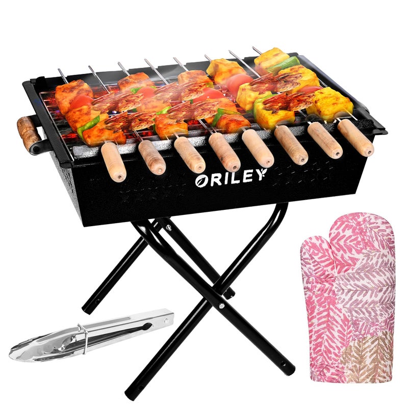 ORILEY Foldable Charcoal Barbeque Grill Set with 8 Sticks 1 Glove and 1 Tong Portable Free Standing BBQ Tools for Home Outdoor Camping Picnic Travel Cooking (Pack of 1, Black) - Image 1