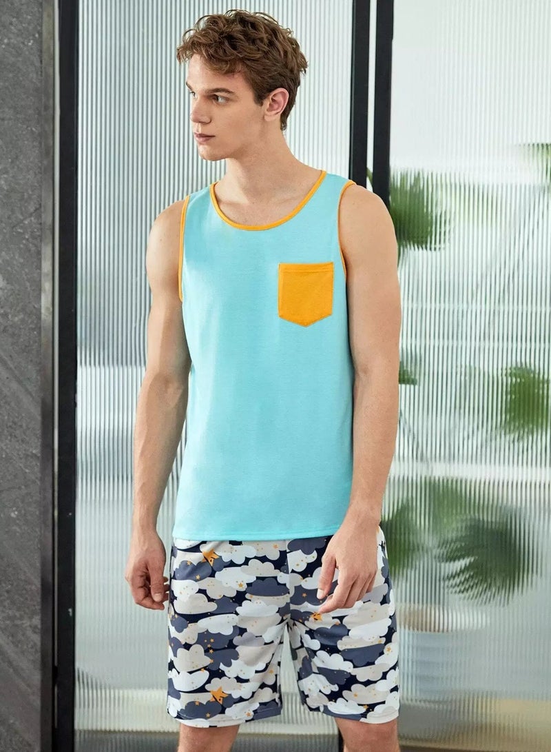 Men One Pocket Front Contrast Binding Sleep Tank Top - Image 3