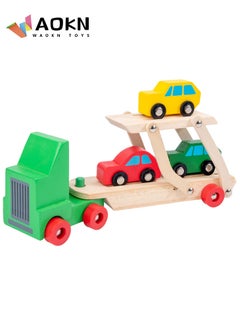 WAOKN Car Carrier Truck and Cars Wooden Toy Set With 1 Truck and 4 Cars Wooden Cars Vehicle Toys Push And Go Wooden Trucks For Toddlers And Kids Ages  - Image 1