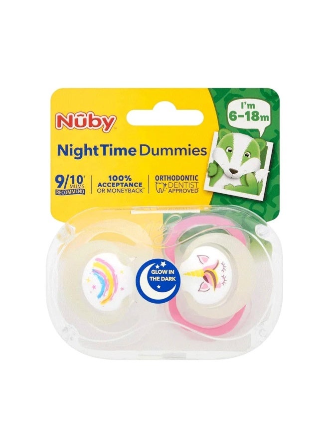 Nuby Nighttime Soothers, 2-Pack, Glow in the Dark Orthodontic Baby Pacifiers for 6-18 Months, Comfort Dummies for Bedtime, Pink