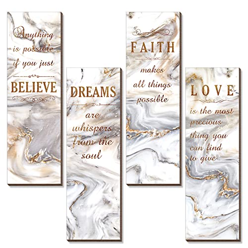 Chitidr 4 Pcs Golden Bathroom Wall Decor Inspirational Quote Wooden Sign Gold Art Signs Love Faith Believe Dream Wall Decor for Living Room Bathroom Accessories(11.4 x 3.5 Inch,White and Gold) - Image 1