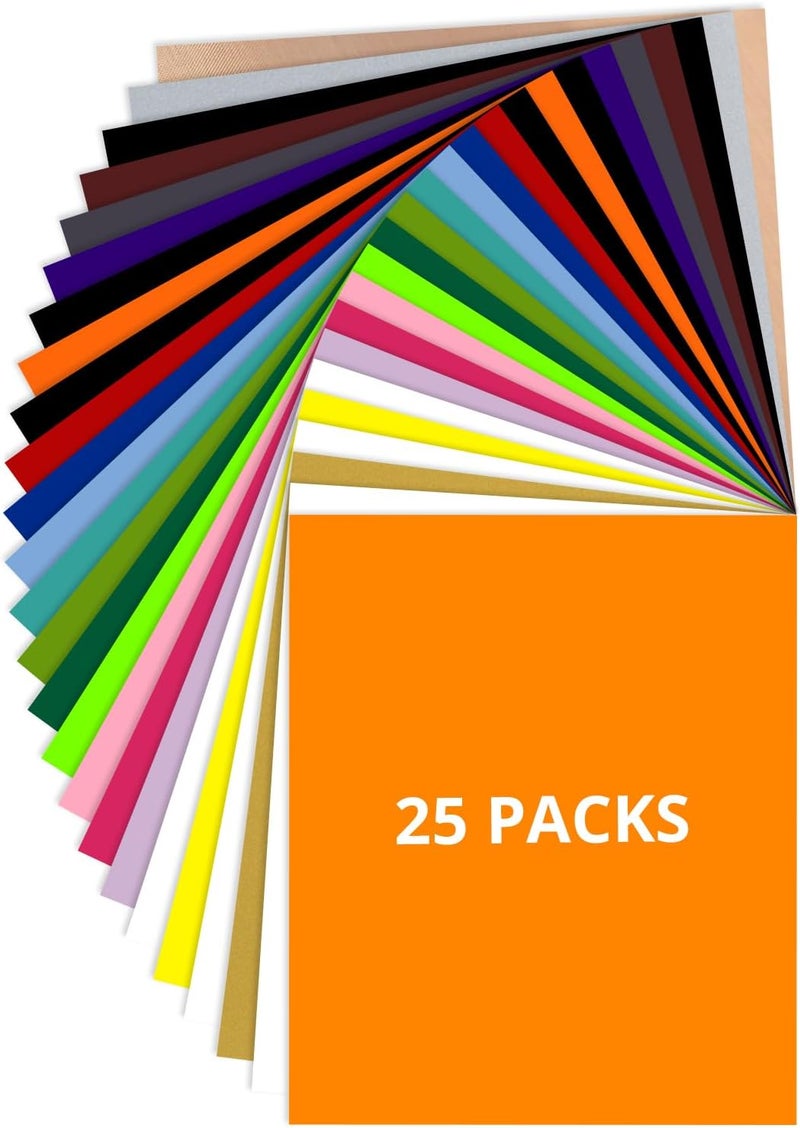 JANDJPACKAGING Heat Transfer Vinyl - 25Pcs HTV Vinyl with Vibrant Colors, Easy to Cut & Weed & Transfer Iron on Vinyl for T-Shirts, 12 x 10in HTV for Heat Press Machine - Image 1