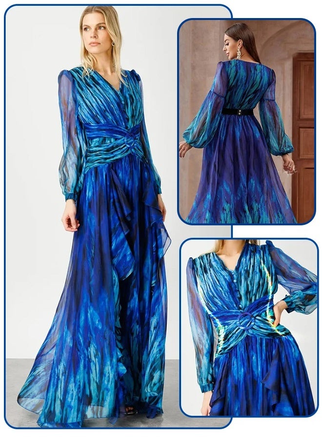 Women's summer dresses - Blue printed dresses - Knee-length dresses - Women's A-line skirts - Skirt with waistline for slimming effect  - Image 3