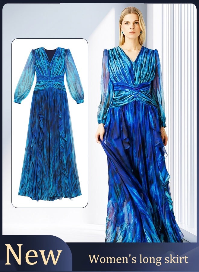 Women's summer dresses - Blue printed dresses - Knee-length dresses - Women's A-line skirts - Skirt with waistline for slimming effect  - Image 1