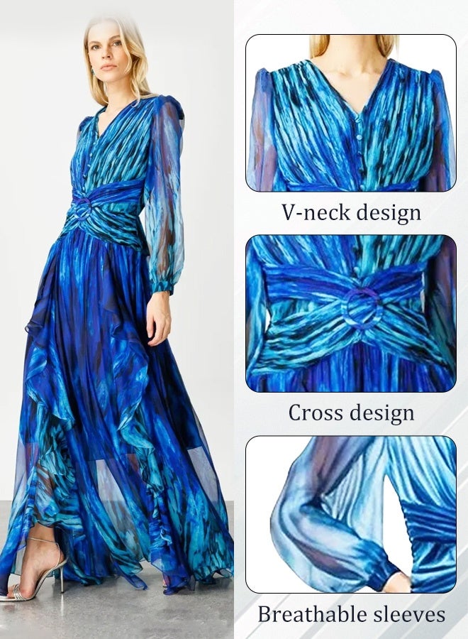 Women's summer dresses - Blue printed dresses - Knee-length dresses - Women's A-line skirts - Skirt with waistline for slimming effect  - Image 4