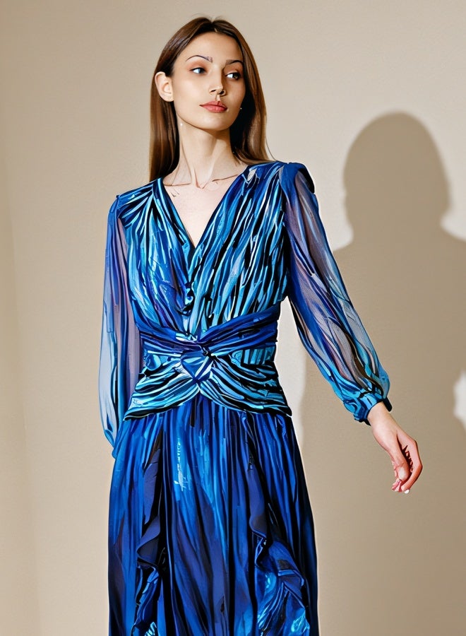 فستان صيفي للسيدات - فستان بطباعة زرقاء - فستان بطول الركبة - Image 4