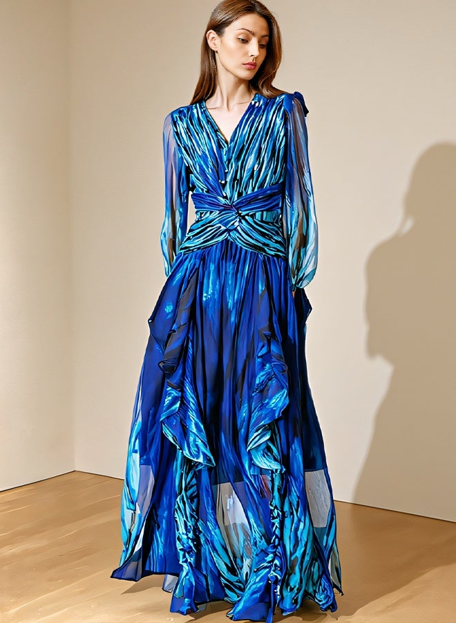 فستان صيفي للسيدات - فستان بطباعة زرقاء - فستان بطول الركبة - Image 1