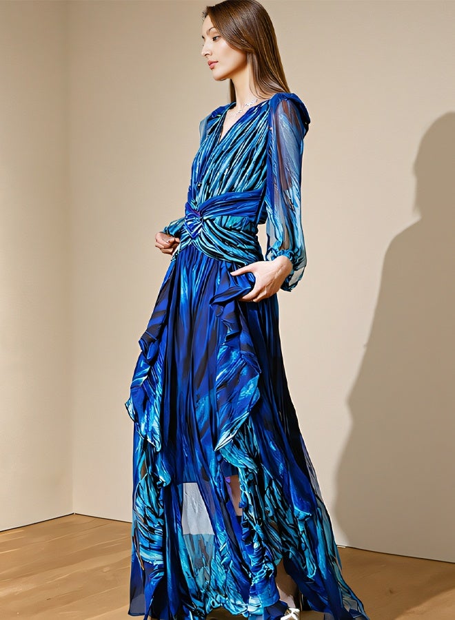 فستان صيفي للسيدات - فستان بطباعة زرقاء - فستان بطول الركبة - Image 5