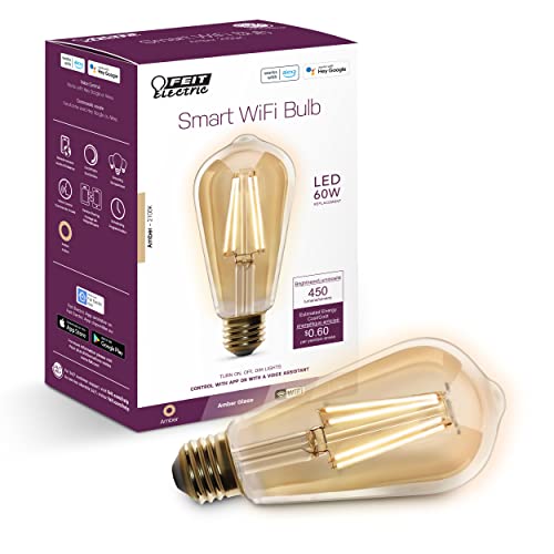 Feit Electric ST1960/FIL/AG 60 Watt Equivalent WiFi Dimmable, No Hub Required, Alexa or Google Assistant ST19 Edison Vintage LED Smart Light Bulb, Yellow, 5.4" H x 2.5" D, 2100K Amber - Image 1
