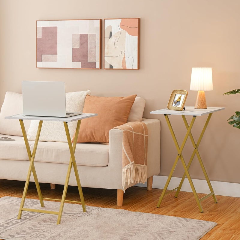 HOOBRO Folding TV Tray Tables, Set of 2 Side Table for Small Space, Portable Snack Tables for Eating at Couch, Stable Metal Frame Sofaside Table, Easy Assembly, Space Saving, Marble and Gold DM25BZ01 - Image 2