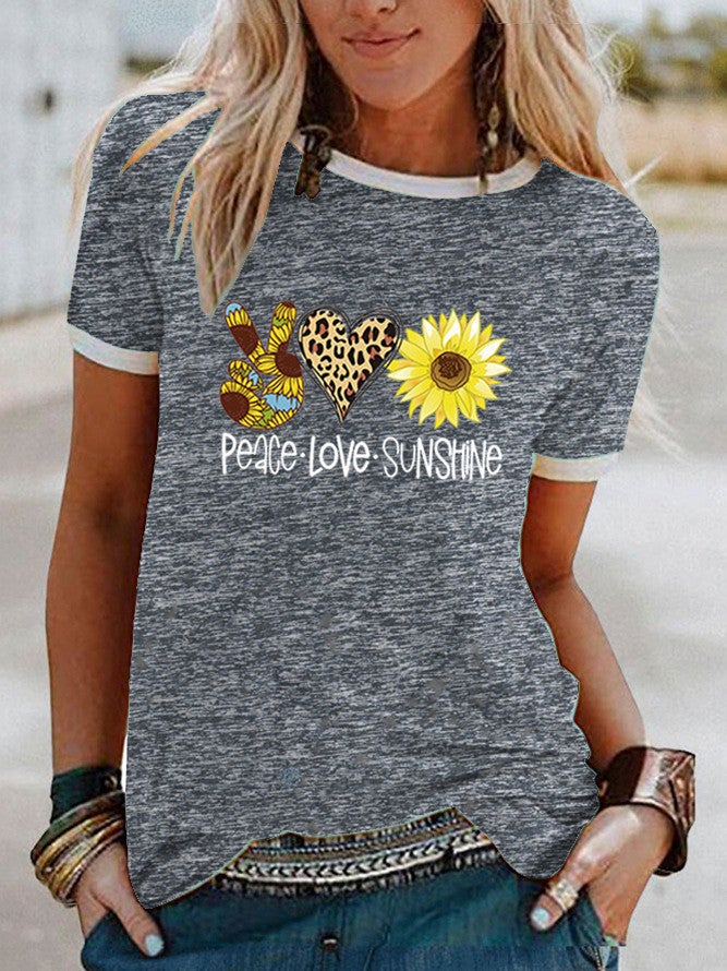 Wish Peace Sunflower Pattern Print Edge Short Sleeve T-Shirt For Women - Image 5
