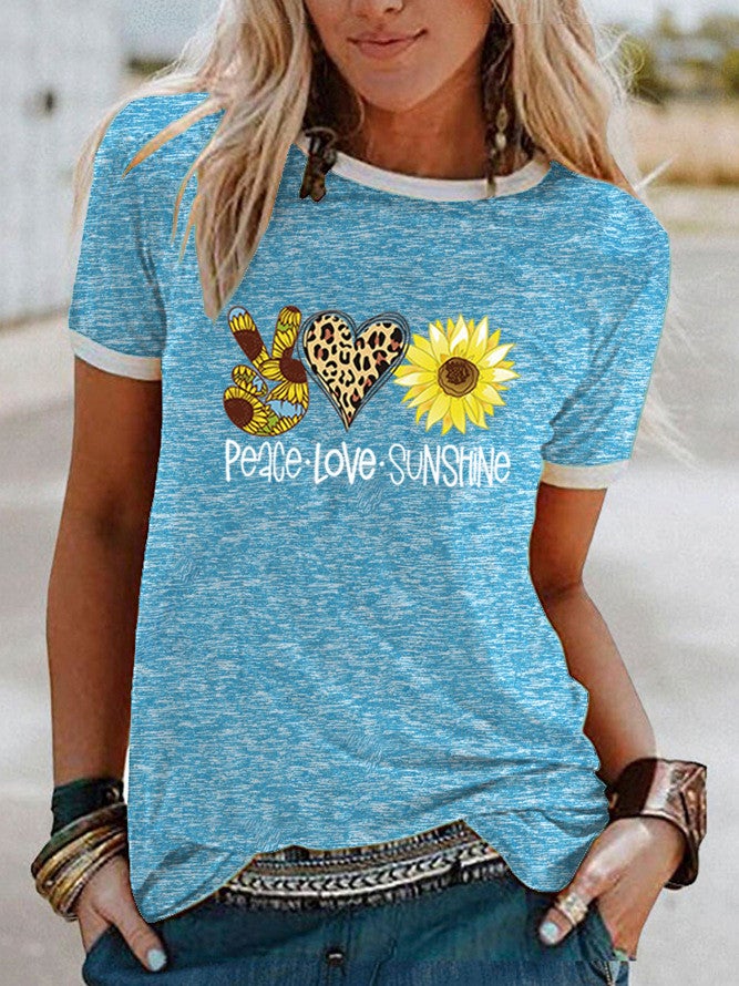 Wish Peace Sunflower Pattern Print Edge Short Sleeve T-Shirt For Women - Image 4