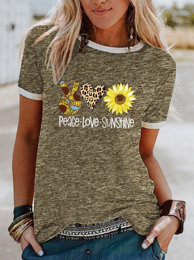 Wish Peace Sunflower Pattern Print Edge Short Sleeve T-Shirt For Women - Image 3