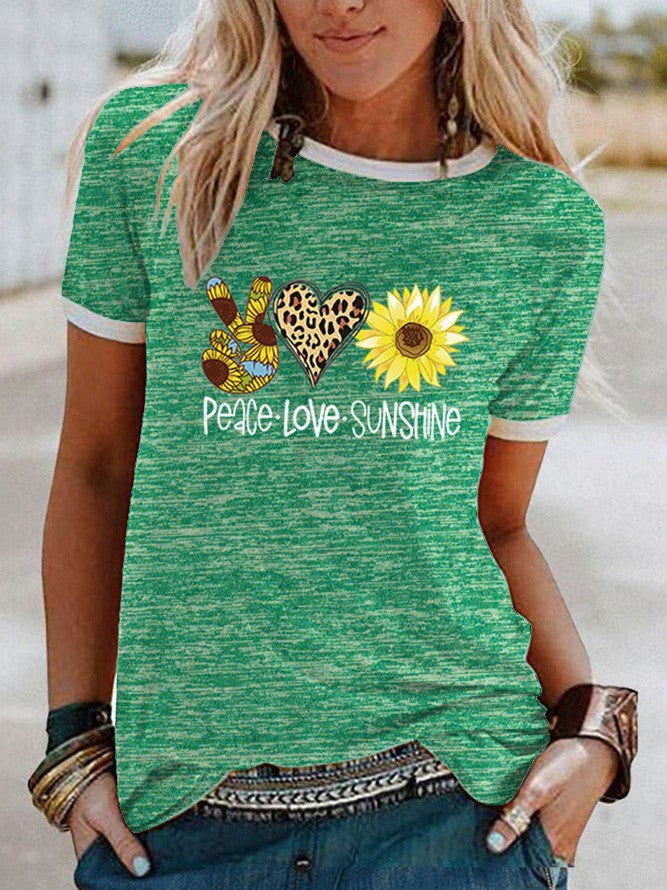 Wish Peace Sunflower Pattern Print Edge Short Sleeve T-Shirt For Women - Image 1