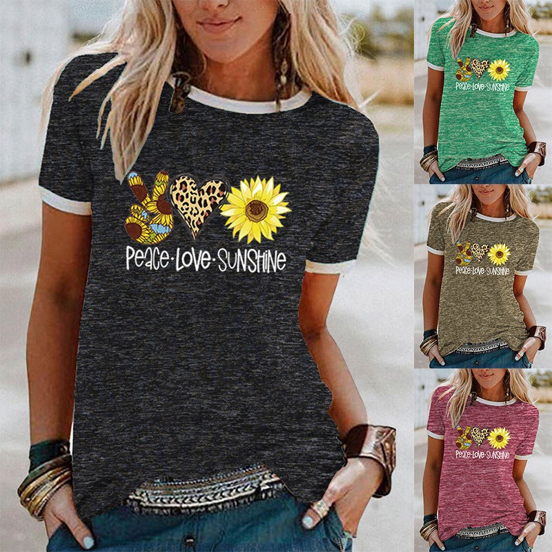 Wish Peace Sunflower Pattern Print Edge Short Sleeve T-Shirt For Women - Image 2